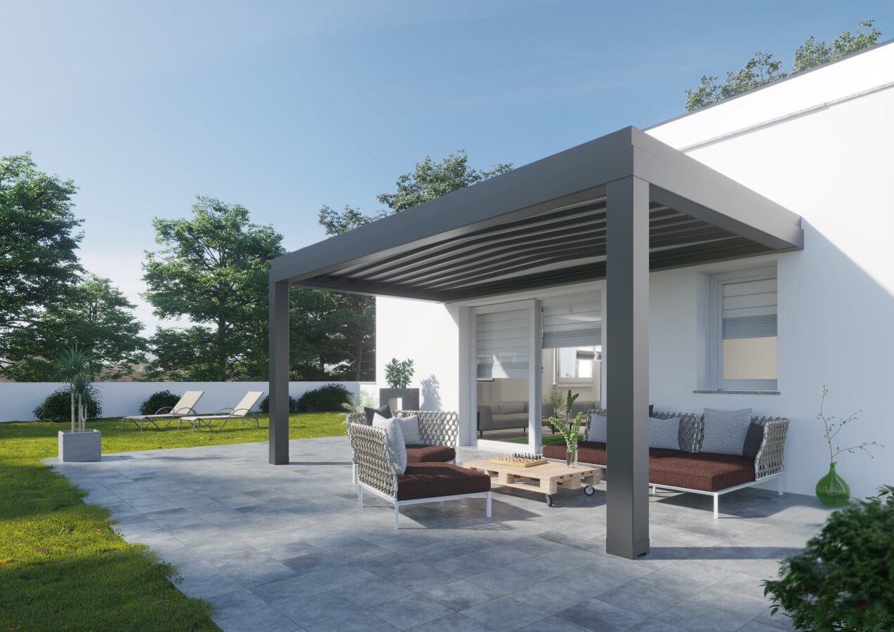 Pergola à toit plat et toile rétractable étanche installée en Maine et Loire