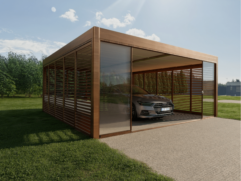 Carport double avec brise soleil et parois en verre