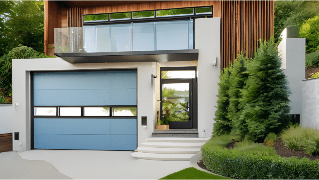 Porte de garage bleue avec hublots en Maine et Loire