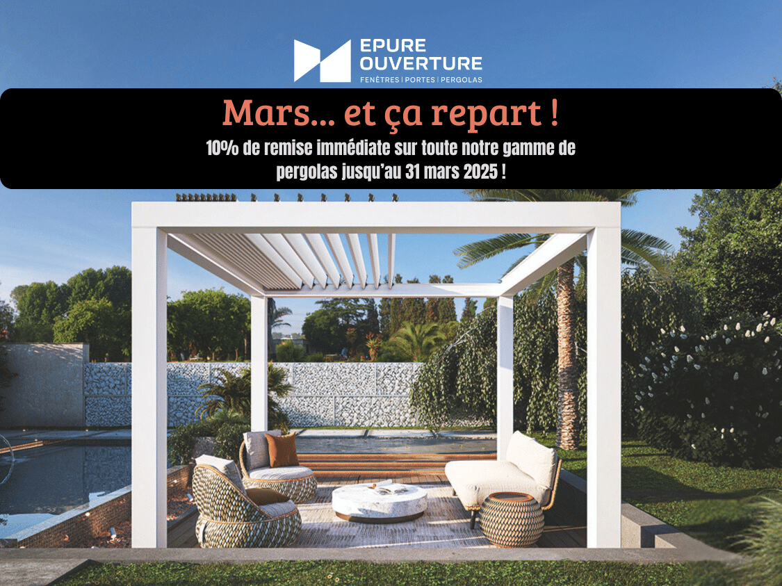 Promotion sur les pergolas bioclimatiques, pergolas à toile ou pergolas à toit fixe en mars 2025