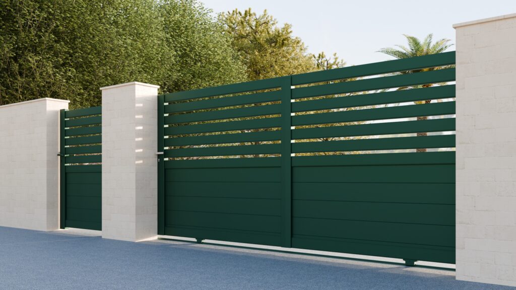 Portail aluminium coulissant vert à refoulement latéral près d’Angers.