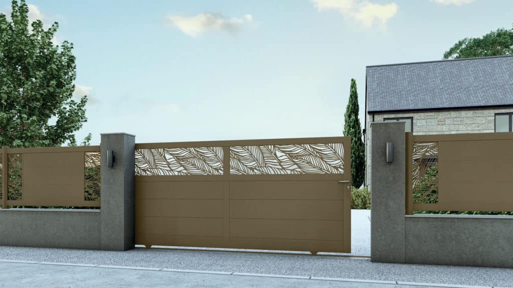 Portail aluminium original avec découpe feuillage près d’Angers.
