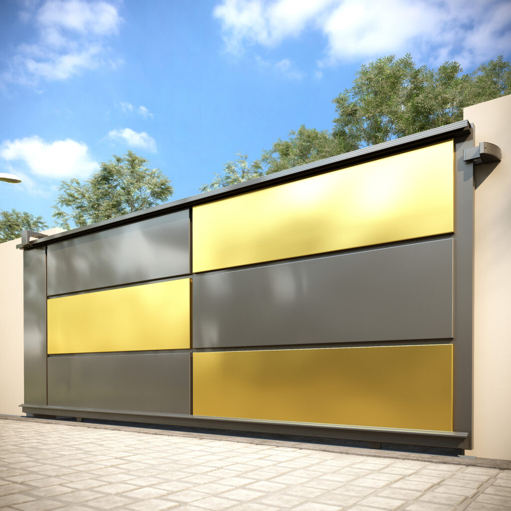 Portail coulissant bicolore gris et or au design moderne installé à Angers