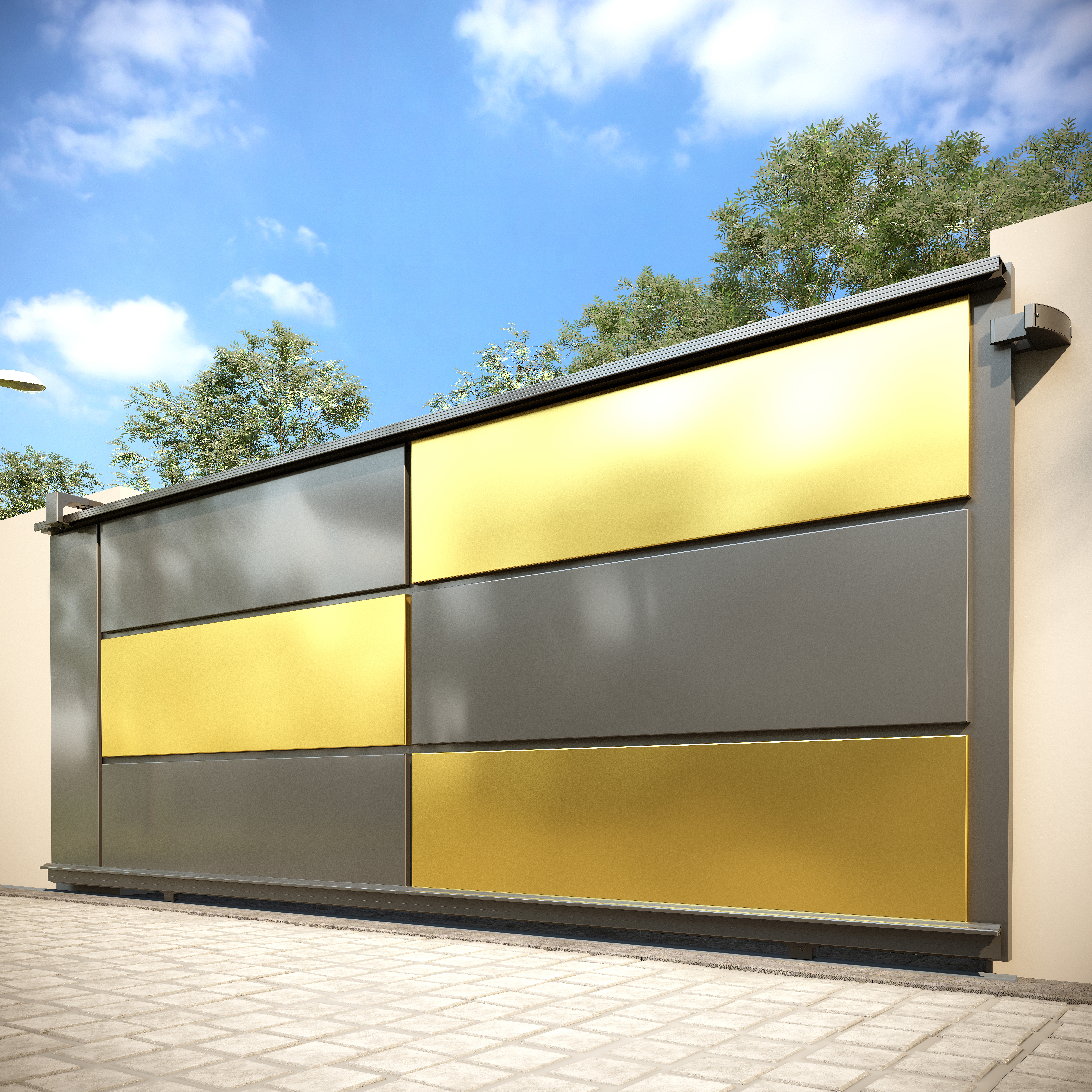 Portail coulissant bicolore gris et or au design moderne installé à Angers