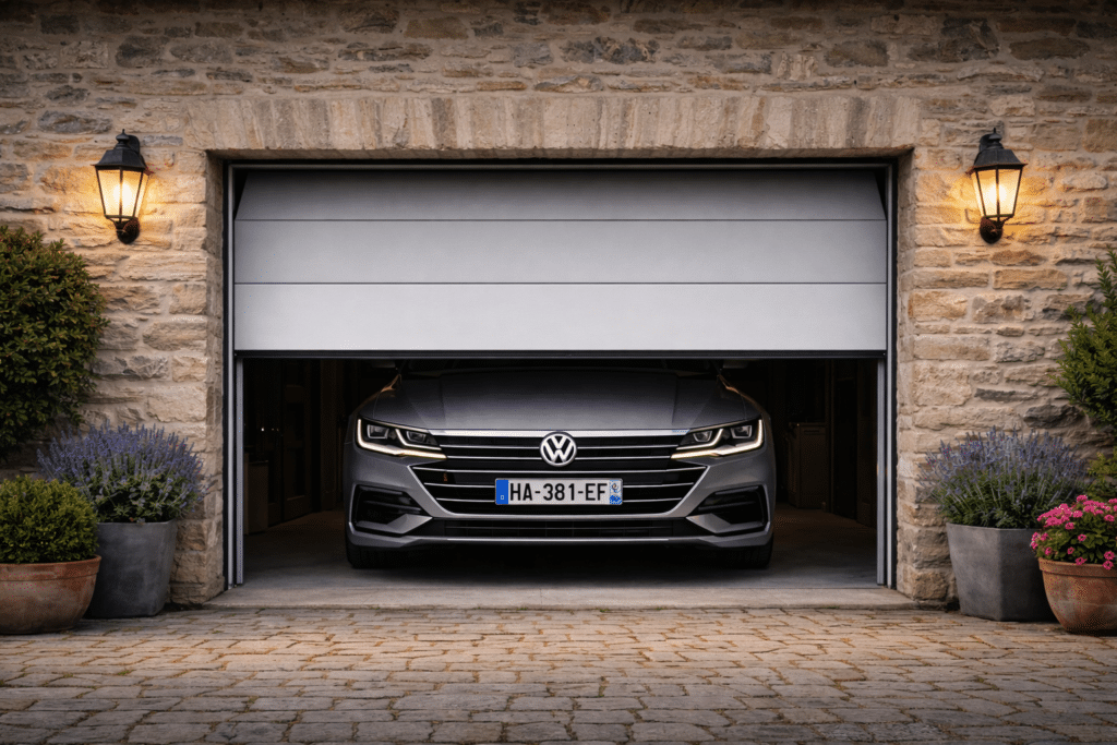 Porte de garage sectionnelle plafond RAL 7035 entrouverte dans une maison en pierre près d’Angers