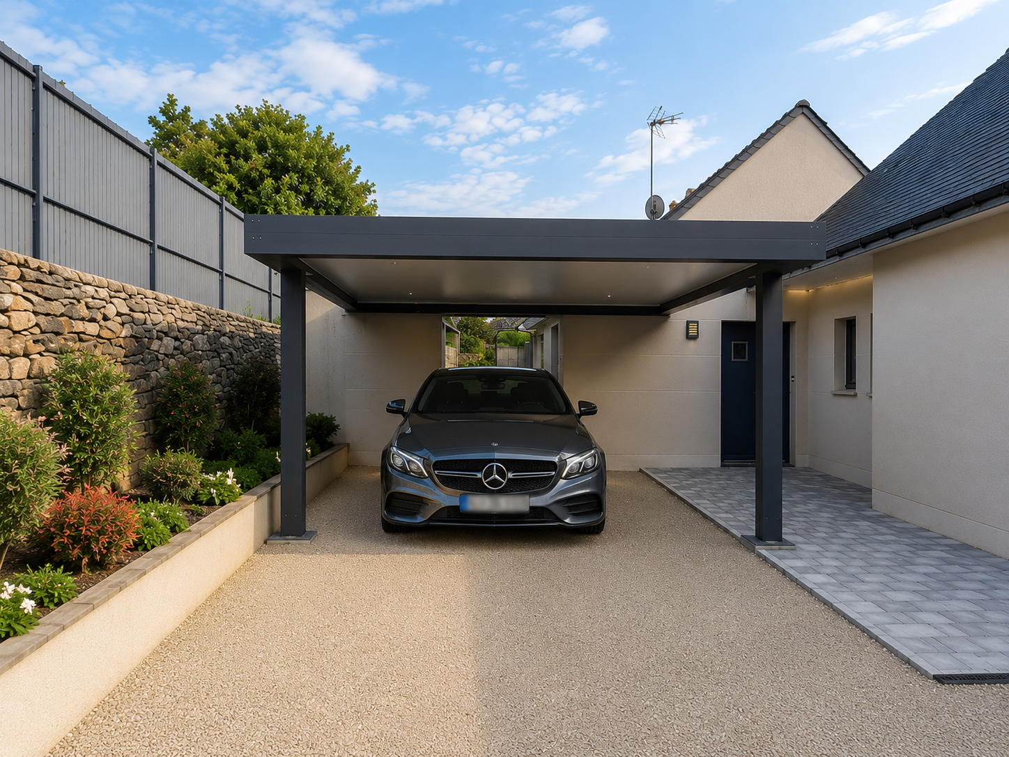 Carport aluminium gris anthracite avec toiture isolante installé au Louroux-Béconnais près d’Angers.