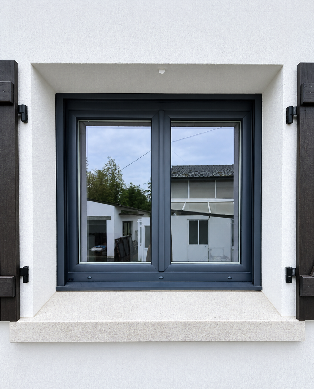 vue extérieure d'une fenetre pvc posée à Varades avec plaxage gris